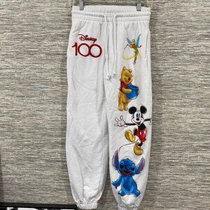 Disney 100 White Sweatpants Featuring Mickey Stitch Pooh & Tinker Bell XS Cotton